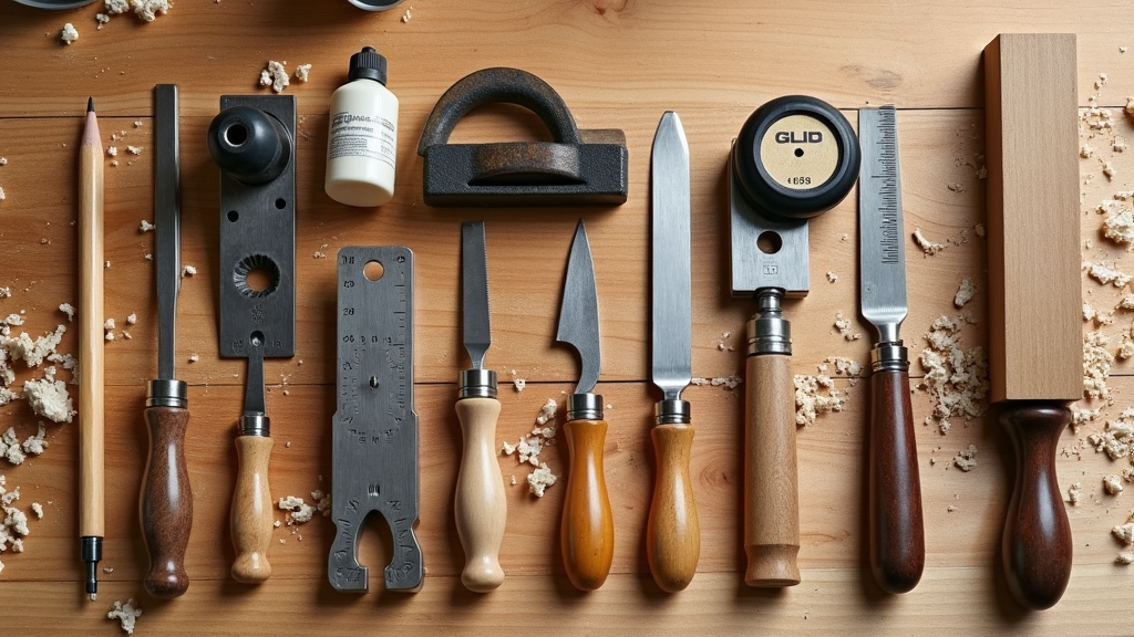Collection of essential woodworking hand tools neatly arranged on a wooden workbench.