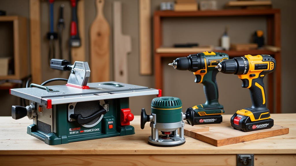 Essential power tools for woodworking displayed on a workbench: table saw, drill, router, and more.